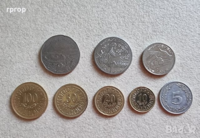 Монети. Тунис . 2, 1 и 1/2 динар, 10, 20, 50 ,100, 5 милима. 8 бройки.