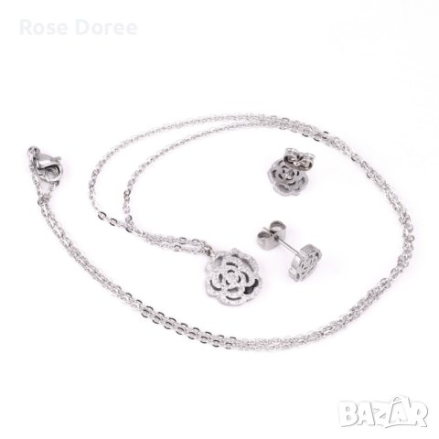 305 Комплект Роза бижута обеци и колие в сребристо медицинска стомана подарък, снимка 5 - Подаръци за жени - 41624648