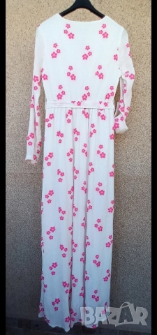 Кенарена дълга рокля с бродирани розови цветя по нея., снимка 7 - Рокли - 51507901