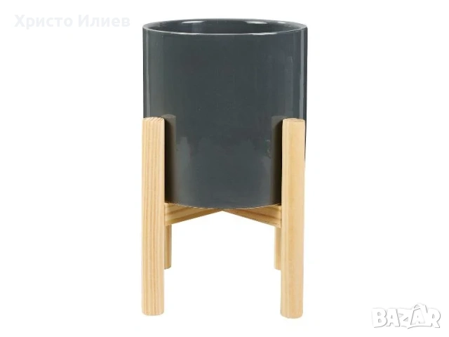 Кашпа със стойка Саксия с дървена стойка Сива Бяла, снимка 3 - Декорация за дома - 54060014