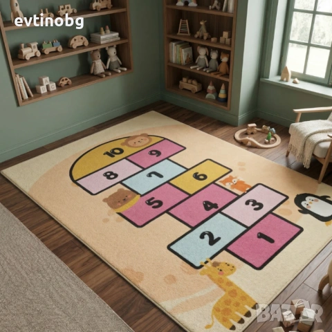 Детски килим "Високият Жираф" 120х160см – Пясъчен с Розова Дама за игра, Противоплъзгащ и Миещ се, снимка 3 - Други - 53881875