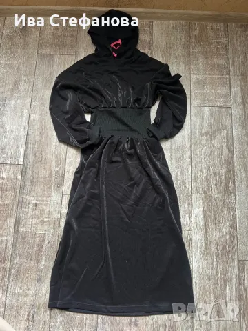 Нова дълга черна прилеп ръкав еластична спортна елегантна рокля качулка памук памучна , снимка 6 - Рокли - 48816758