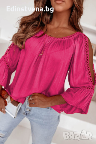 Дамска блуза в цвят циклама с ефектни ръкави и бродерия, снимка 2 - Блузи с дълъг ръкав и пуловери - 44656845