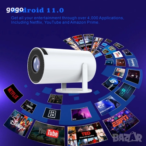 Преносим мини проектор,Android 11,HDMI връзка,USB,AV, Audio jack3.5mm,ротация на 180 градуса