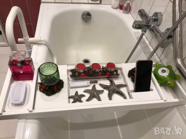 Relaxdays Bamboo Bathtub Caddy 75–109 см – Регулируема Поставка за Вана с Държач за Чаша Вино, Книга, снимка 7 - Други - 52123777