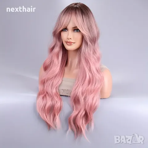 Розова омбре перука с тъмни корени и дълъг бретон, снимка 3 - Аксесоари за коса - 50304998