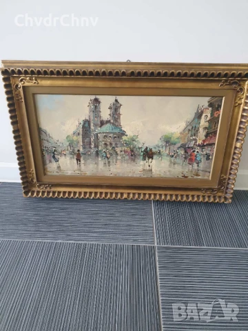 77х47см/абстрактна картина масло върху платно/градски пейзаж-пролет/барокова дървена рамка