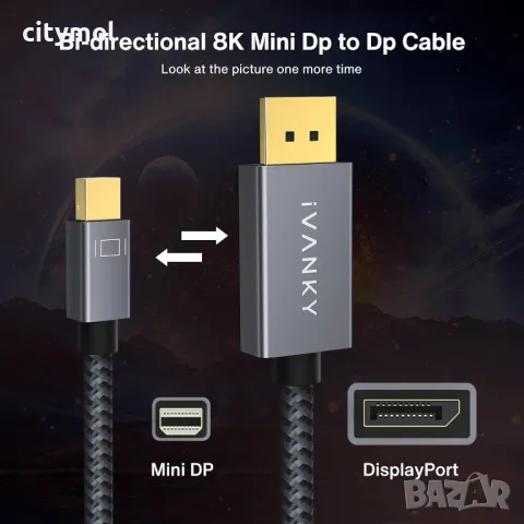 IVANKY Mini DisplayPort към DisplayPort кабел 2M, 8K@60Hz, Thunderbolt, найлонова оплетка, снимка 2 - Кабели и адаптери - 49400236