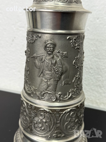 Уникална калаена халба с капак / ловни мотиви. №7460, снимка 7 - Антикварни и старинни предмети - 51988329