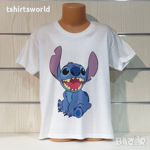 Нова бяла детска тениска с дигитален печат Стич (Stitch)