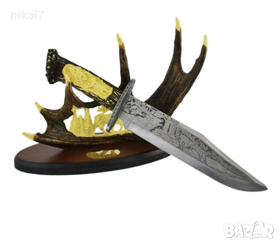 ловен нож колекционерски нож сувенир подарьк трофейна поставка 38,5CM, снимка 9 - Ножове - 42064693