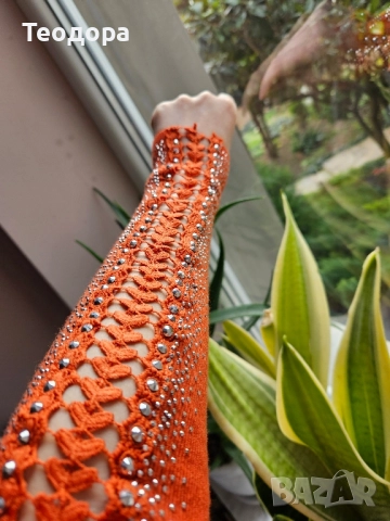Рокля с дълъг ръкав оранжева S/M, снимка 6 - Рокли - 52822511