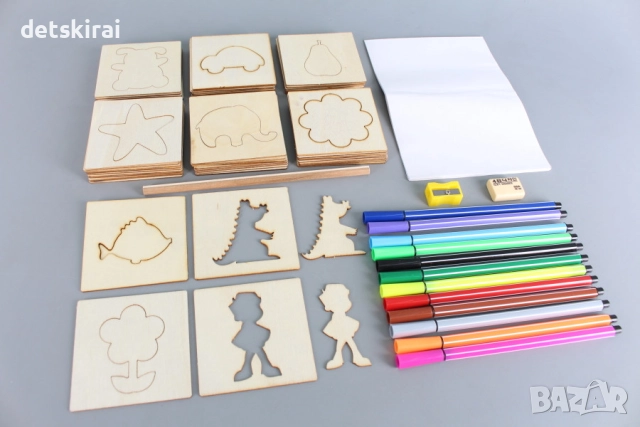 Рисувателен комплект с дървени шаблони, снимка 2 - Образователни игри - 52796738