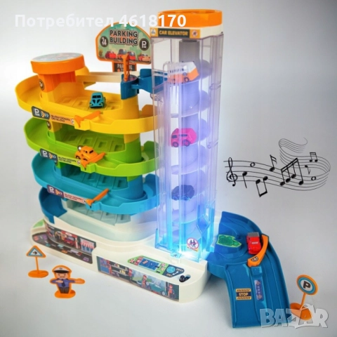 Комплект от детска писта на 5 нива с 6 броя колички и електрически светещ асансьор, снимка 6 - Коли, камиони, мотори, писти - 52380167