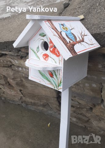 рисувани дървени къщички за птици със стойка, снимка 4 - Декорация за дома - 28855149