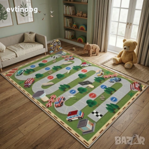 Детски килим "Автомагистрала" 120х160см – Тъмнозелен с писта за колички, Противоплъзгащ и Миещ се, снимка 3 - Други - 53881527