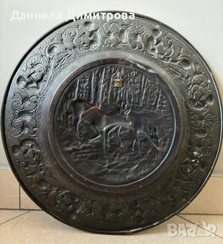 Медна чиния с ловен мотив, снимка 4 - Антикварни и старинни предмети - 48765639
