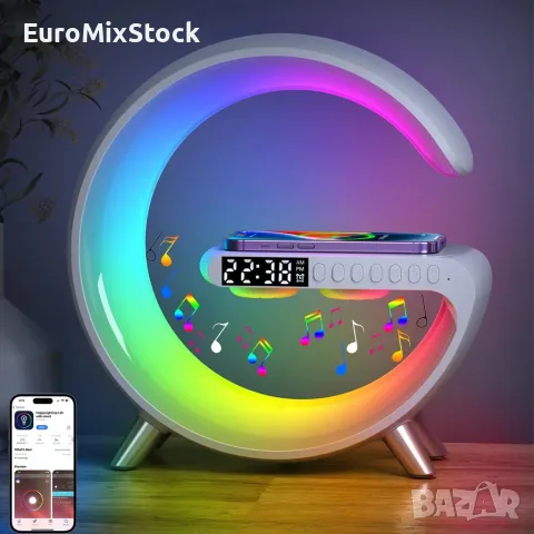 Смарт Нощна G Лампа YeahBoom с Часовник, Аларма и 15W Безжично Зареждане
