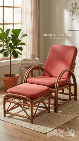 винтидж бамбуков шезлонг с табуретка – Уют и Елегантност за Вашия Дом