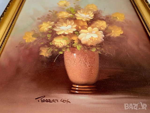 Винтидж оригинална маслена картина ваза и цветя на художника Робърт Кокс, снимка 8 - Картини - 52192915