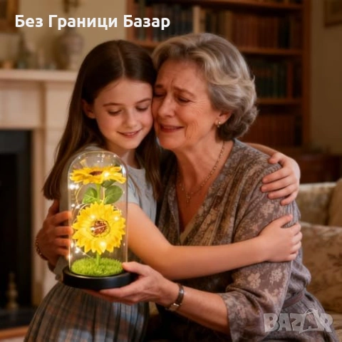 Нов Декоративен Вечен слънчоглед в стъклен купол с LED светлина подарък за майка жена баба, снимка 4 - Декорация за дома - 54057288