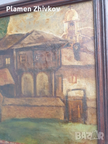 Маслен пеизаж на тема българският бит, снимка 5 - Антикварни и старинни предмети - 53900136