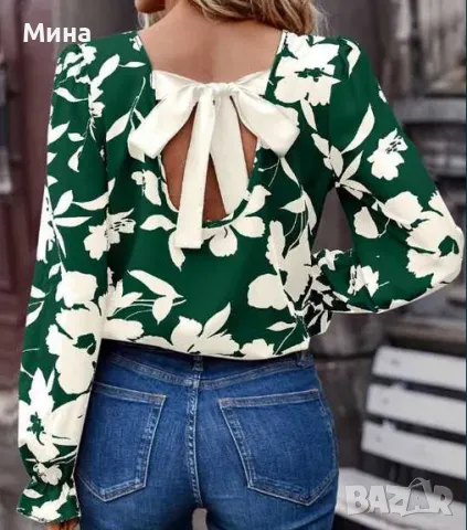 Блуза с флорален принт в зелено, снимка 2 - Блузи с дълъг ръкав и пуловери - 47274016