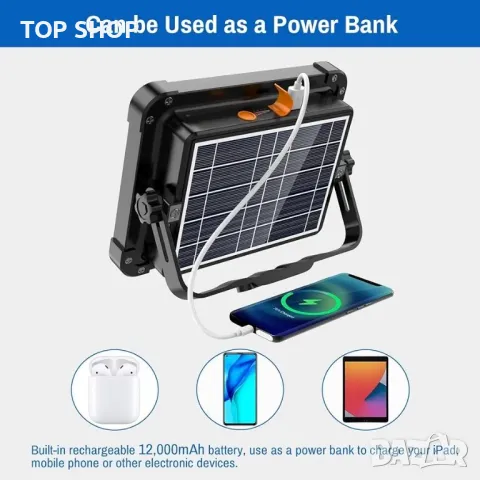 Работна светлина Акумулаторна 100W, преносима LED слънчева работна светлина 12000mAh 10000 LM, снимка 3 - Гедорета - 48756785