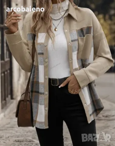 Дамско модно едноредно карирано яке (риза) с ревер и дълъг ръкав