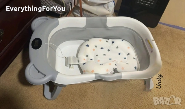 Сгъваема бебешка вана с вграден термометър и подложка 