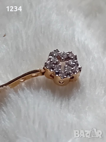 Златни обеци цветя с 60 диаманта ръчна изработка, снимка 5 - Обеци - 54012450