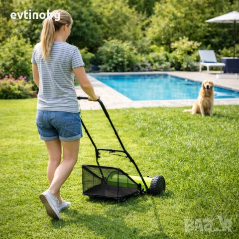 Ръчна косачка за трева с кош 40 см (16"), 5 остриета, регулируема височина 17–33 мм – Тиха, екологич, снимка 3 - Градинска техника - 53931486