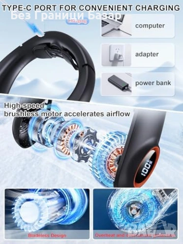 Нов Вентилатор за врат акумулаторен 3 турбини LED дисплей 5 скорости за лято охлаждане, снимка 4 - Друга електроника - 54076390