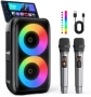 Нова Портативна караоке машина с 2 безжични микрофона Bluetooth USB AUX TF LED, снимка 1