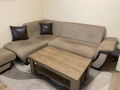 Разтегателен ъглов диван + клик-клак механизъм , тъмно бежов + кафява кожа, снимка 4