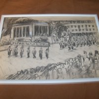 Манифестация пред мавзолея, стара соц рисунка с молив, снимка 4 - Картини - 38817112