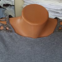 КРАСИВА сива блуза фино плетиво с отворени рамене с мрежа с камъчета , снимка 3 - Блузи с дълъг ръкав и пуловери - 38928476