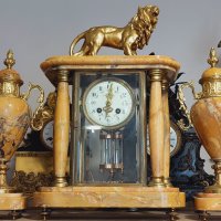 19 век-Портален френски каминен часовник-жълт мрамор и бронзов лъв, снимка 2 - Стенни часовници - 44327363