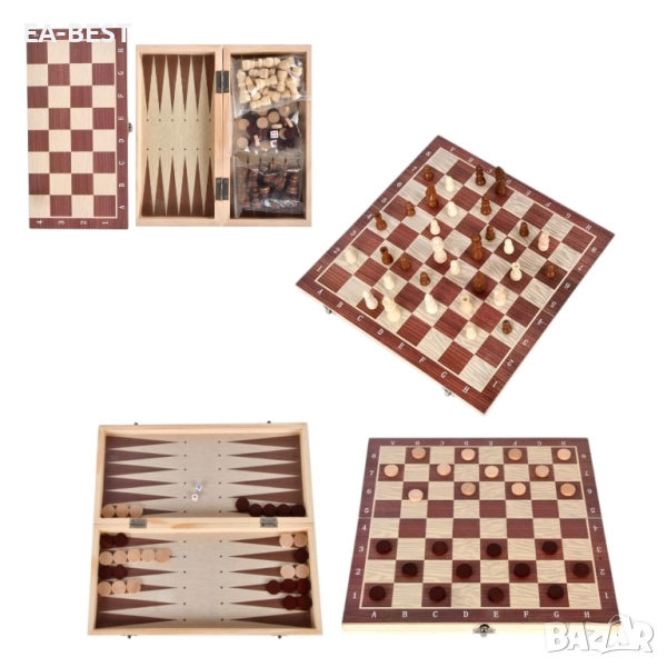 🏆 3в1 Дървена игрална дъска – Шах, Табла и Дама | 39x19 см, снимка 1