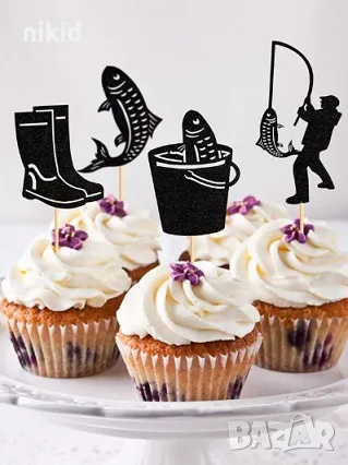 12 бр риба рибар рибарски риболов брокатен картон топери за мъфини кексчета торта декор парти топер, снимка 1