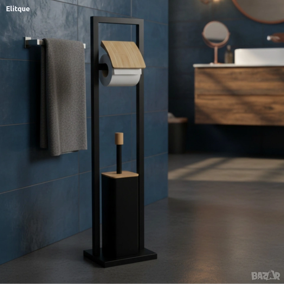 Стойка 2в1 Cheffinger за баня с тоалетна четка и държач за тоалетна хартия – метал и дърво, снимка 1