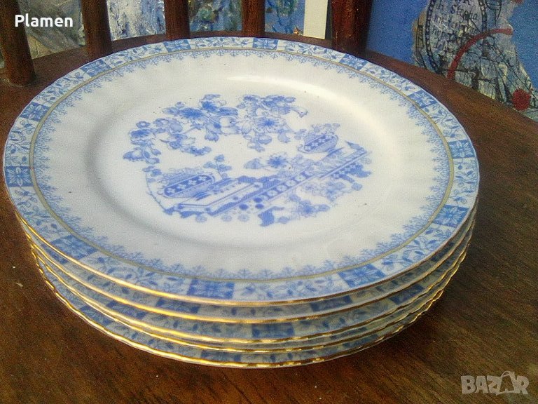 Комплект от 5 порцеланови чинии със златен кант за десерт, снимка 1