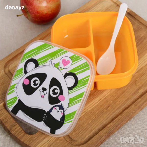 2401 Детска кутия за обяд с три отделения и лъжичка Панда/Коте, снимка 1