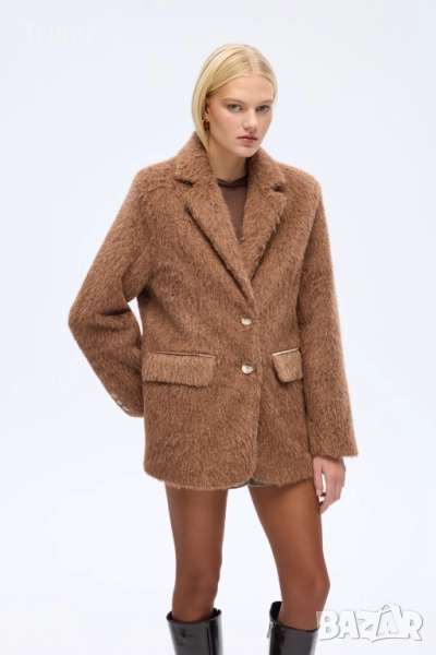 Кафяво пухкаво текстурирано палто,мека и топло, цвят кафяв, снимка 1