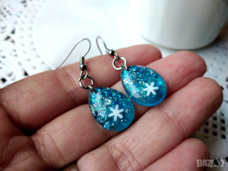 Обеци снежинки Сини обеци  Обеци от смола Ръчно изработени обеци Обици от Смола, снимка 1
