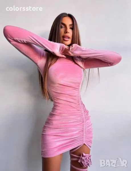 Дамска рокля с роза Kadife pink, снимка 1