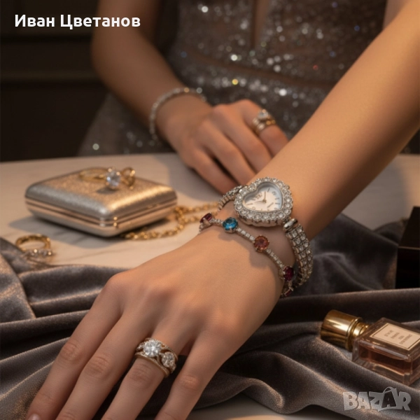 Сърцевиден дамски часовник с гривна и кристали – стил и практичност в кутия, снимка 1