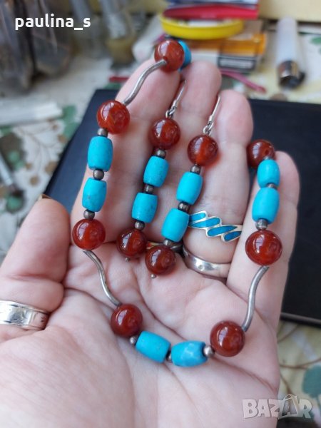 Винтидж / Сребърен комплект с натурални камъни - карнеол и тюркоаз - проба 925 , снимка 1