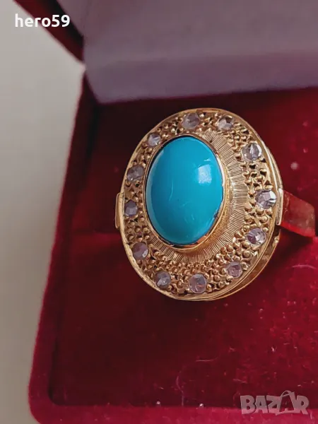 Прекрасен златен дамски пръстен с тюрказ и диаманти, снимка 1