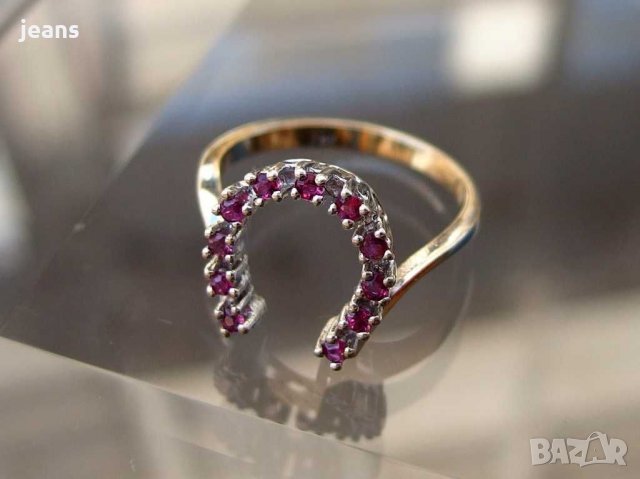 Златен пръстен 18к. 750 подкова рубини, снимка 2 - Пръстени - 29840363